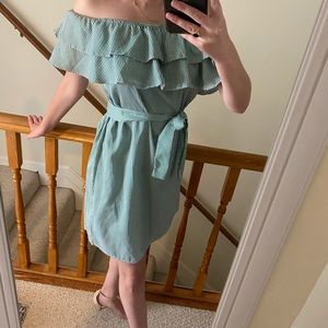 Off the shoulder green striped ruffle dress
